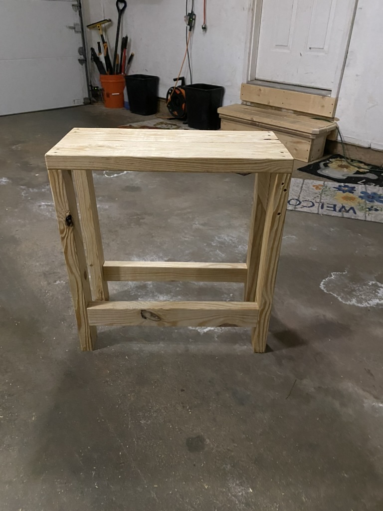 Wide view of my first woodworking project (a stool)